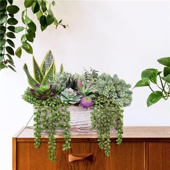 14 Pcs Assorted Artificial Succulents Fake Plants in Rectangular Wooden Pots - Picture 3 of 6